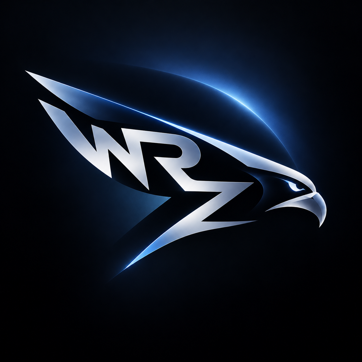 WRZ 个人标志：银色字母与鹰首轮廓，配蓝色光晕